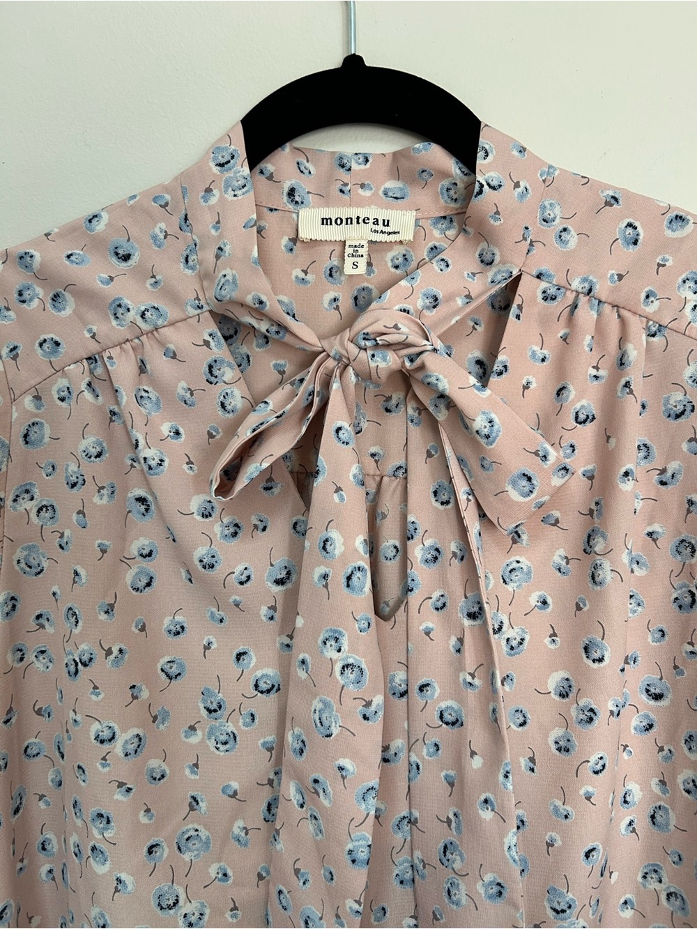 Monteau Pink Floral Tie-Neck Blouse with Blue Accent